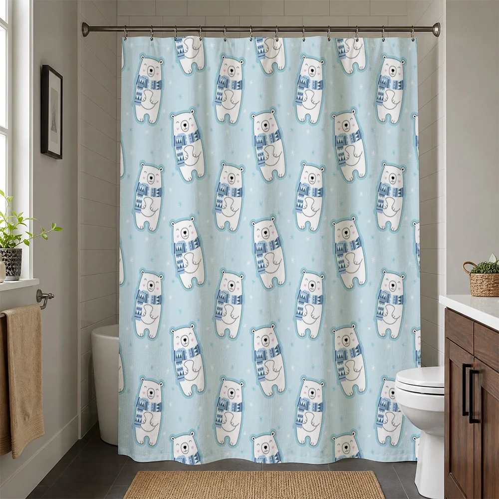 Adorable Polar Bear Print Shower Curtain Blue White Kids Bathroom Decor Cute Animal Design Nursery Bath Curtain Home Decor Acces