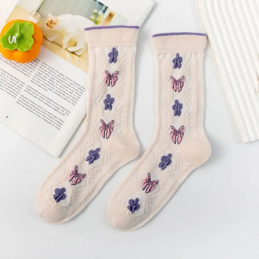 5Pairs الأرجواني سلسلة الأزهار جوارب أنبوبية Bowknot زهرة الفتيات منتصف العجل الجوارب تنفس الجوارب الحلو جورب النساء فتاة المراهقين