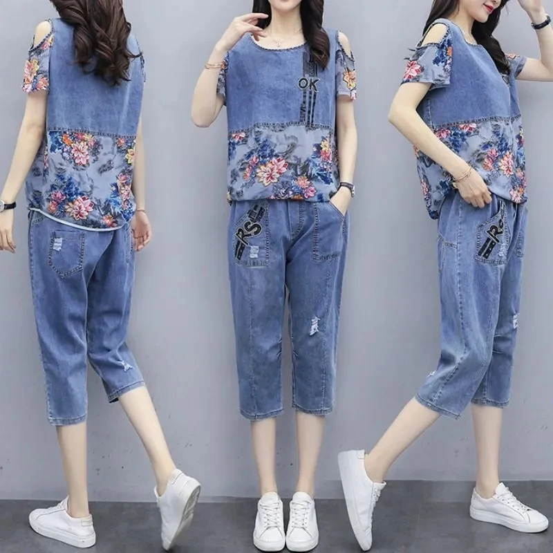 Women's Denim Suit Spring/Summer 2022 New Ladies Fashion Printing Short Sleeve Tops+ Cowboy Seven Points Pants Female 2PCS