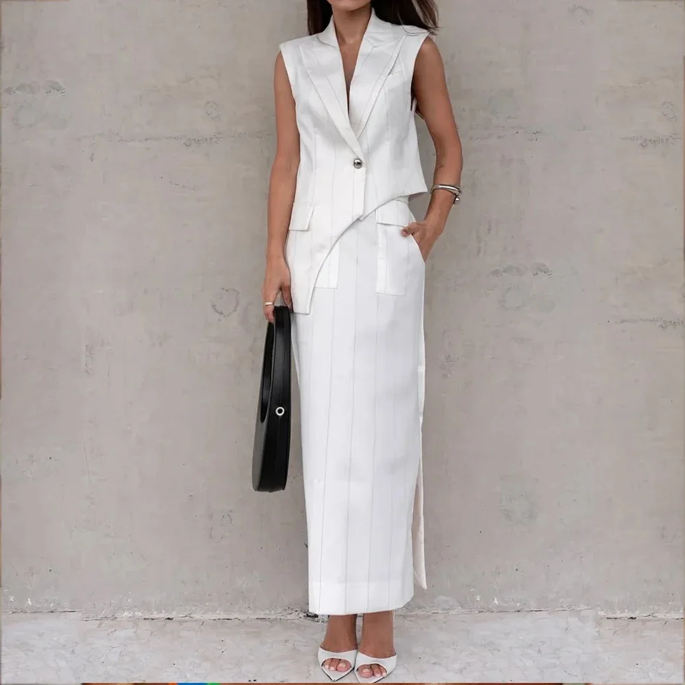 

Women's Sleeveless Irregular Vest Top Split Long Skirt Set Solid Color Simple Elegant Sleeveless Top Long Skirt Two Piece Set
