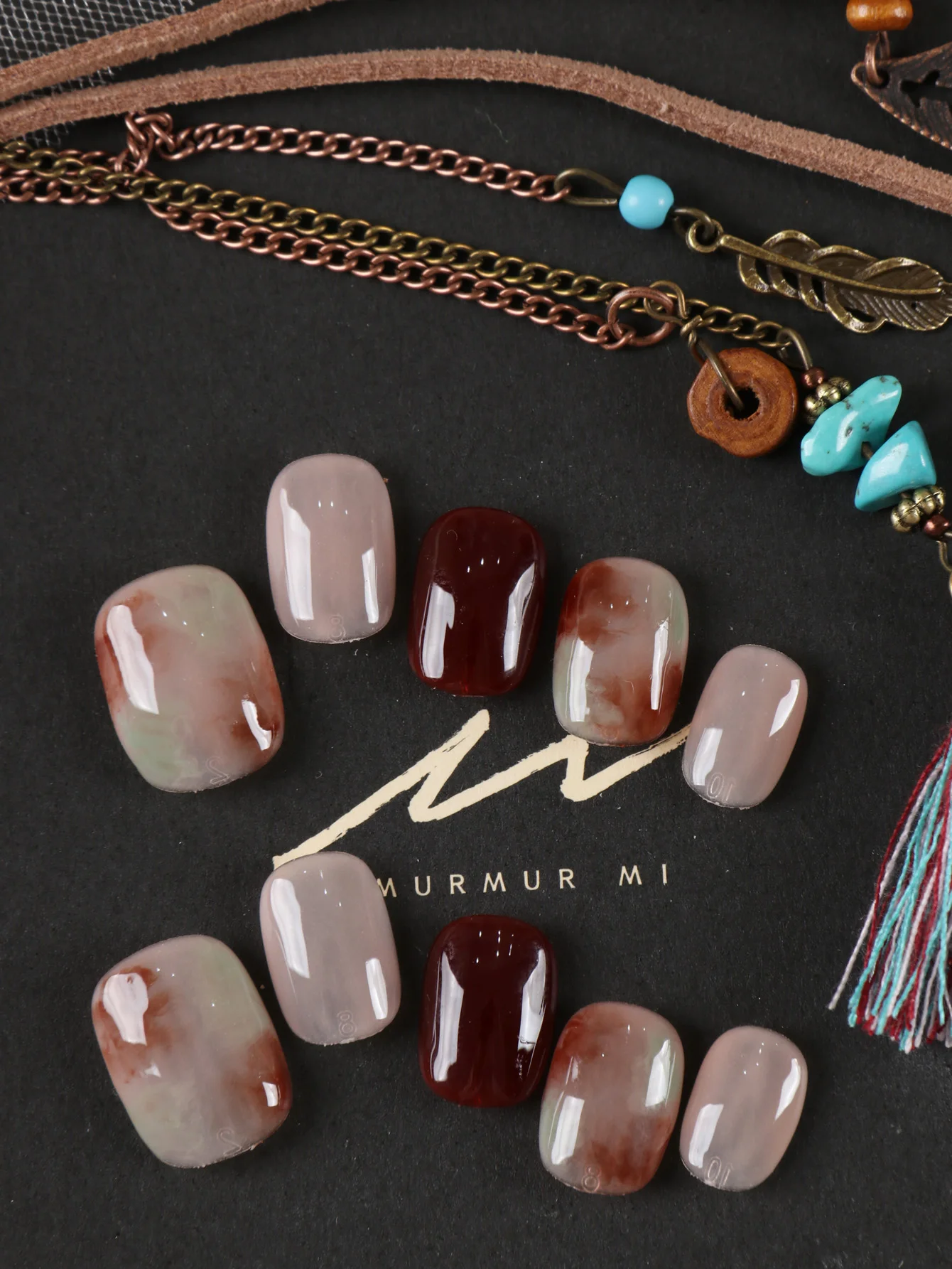 10 Stück Press-on-Nägel, kurz, braun, grün, Halation, Büro, Alltag, künstliche Nägel, Kit für Nagelkunst, DIY