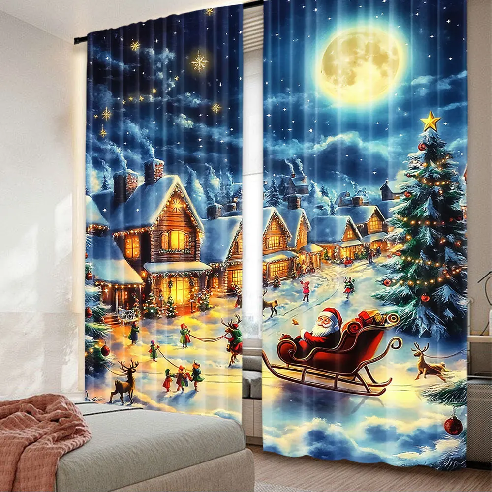 2Pcs Christmas Santa Claus Curtains Xmas Tree Elk Sledge Winter Rustic Country Night Snow Scenery Suitable For Bedroom Living