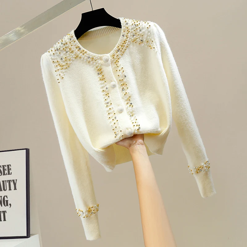 

Heavy Embellied ort round Ne Single Button Sweater Cardigan Diamond Embedded Bead Design Versatile Top for Women
