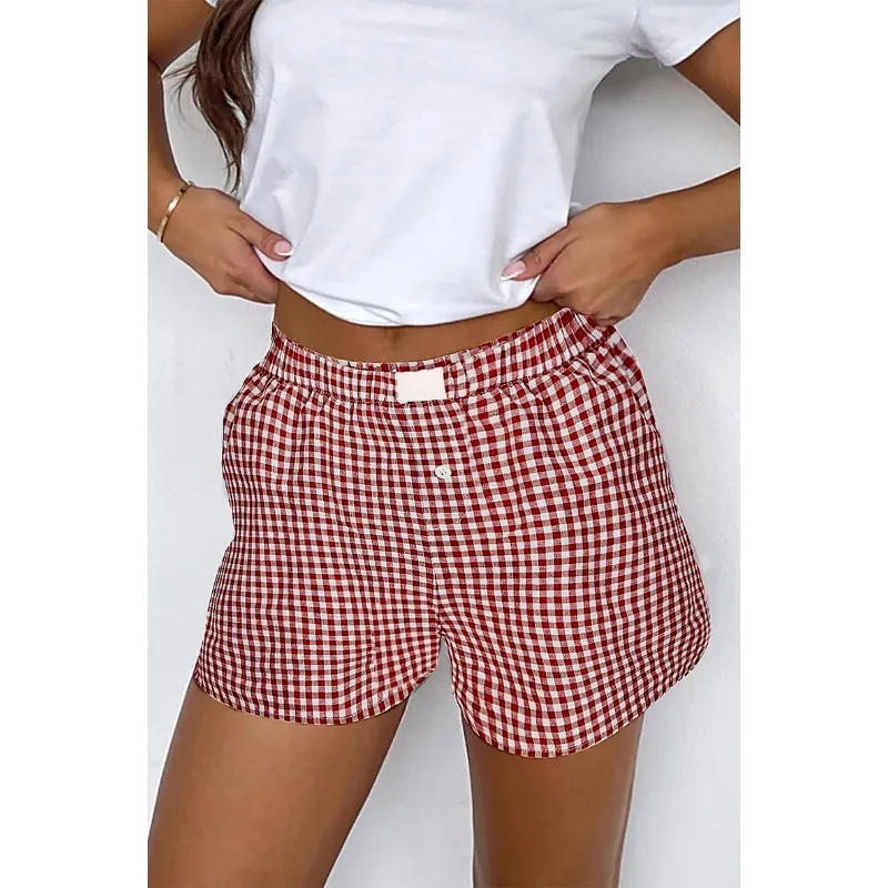 

2025 Summer Autumn Plaid Printed Slim Casual Shorts Women Elastic High Waist Fashion Versatile Street Short Bottom