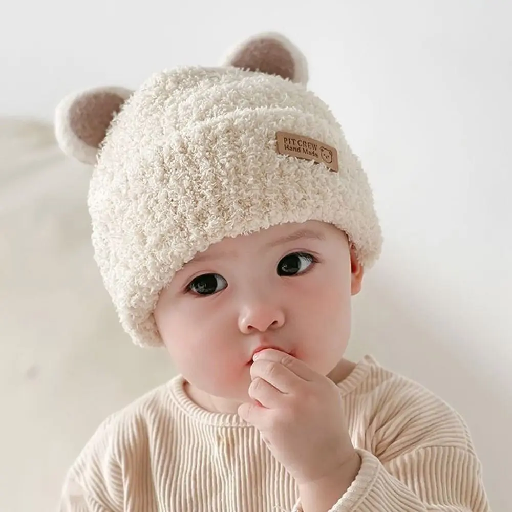 

5 Months-3Year Windproof Solid Color Baby Knitted Hat Soft Plush Winter Hat Cute Cartoon Beanie Hats Baby Children Kids