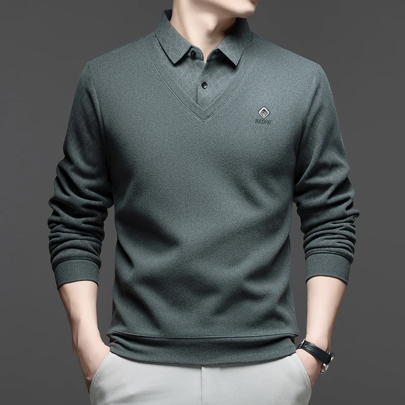 Marca de moda em relevo camisa gola camisola masculina inverno pelúcia grosso quente luxo novo pulôver de malha negócios casual masculino wear