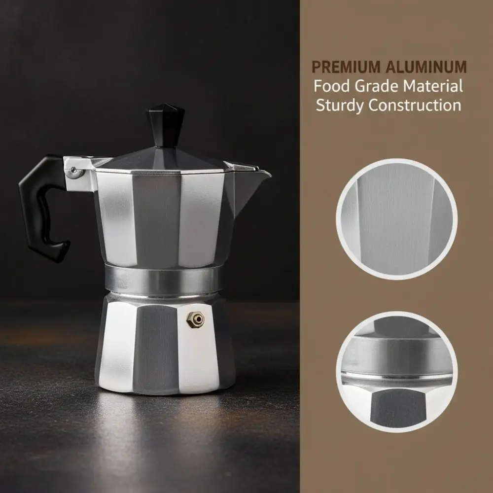 

Classic 50mL Capacity Moka Pot 1 Cup Size Aluminum Italian Type Moka Pot Silver Espresso Coffee Pot Office Use