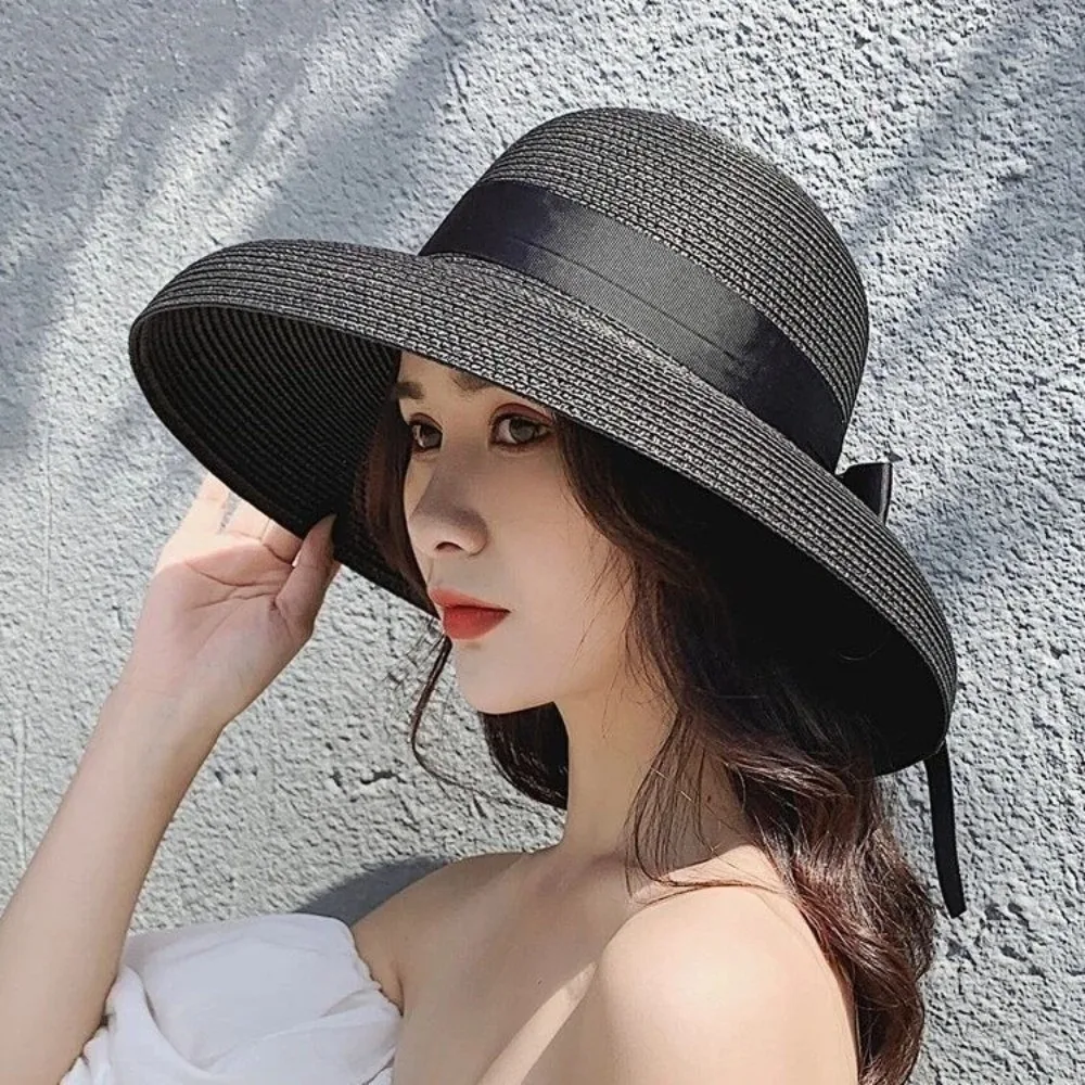 

Elegant Breathable Straw Hat Black Ribbon Large Brim Sunshade Hat UV Protection Sun Hat Women