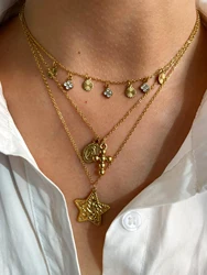 Peri'sbox Trendy Vintage 18K Gold Plated Star Cross Oval Pendant Necklace for Women 316L Stainless Steel Stackable Daily Jewelry