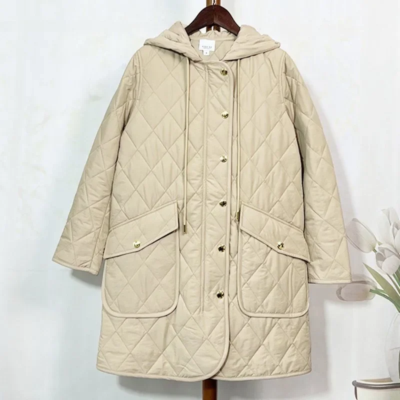 QuiltedRhombic Lattice Jacket Women\'s Long 2023 New Autumn/Winter Korean Loose Fitting Fashion Lightweight Down Cotton Jacket Tr