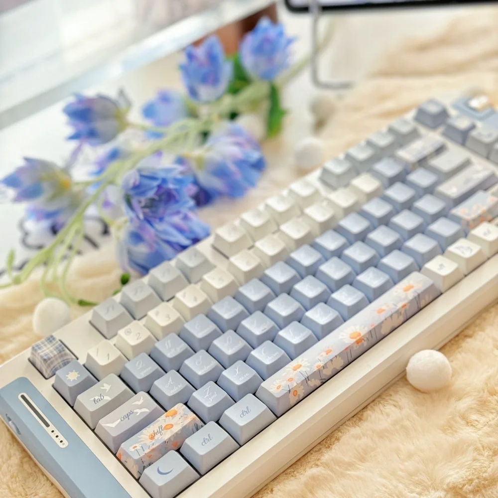 Material PBT Adequado para Teclado Mecânico, Cherry Light Blue Keycaps, Pequeno crisântemo, Conjunto completo