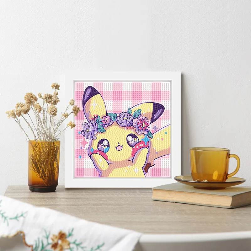 

Pokemon cartoon diamond decoration painting with frame, crystal diamond art paste painting, cute Pikachu handmade DIY gift
