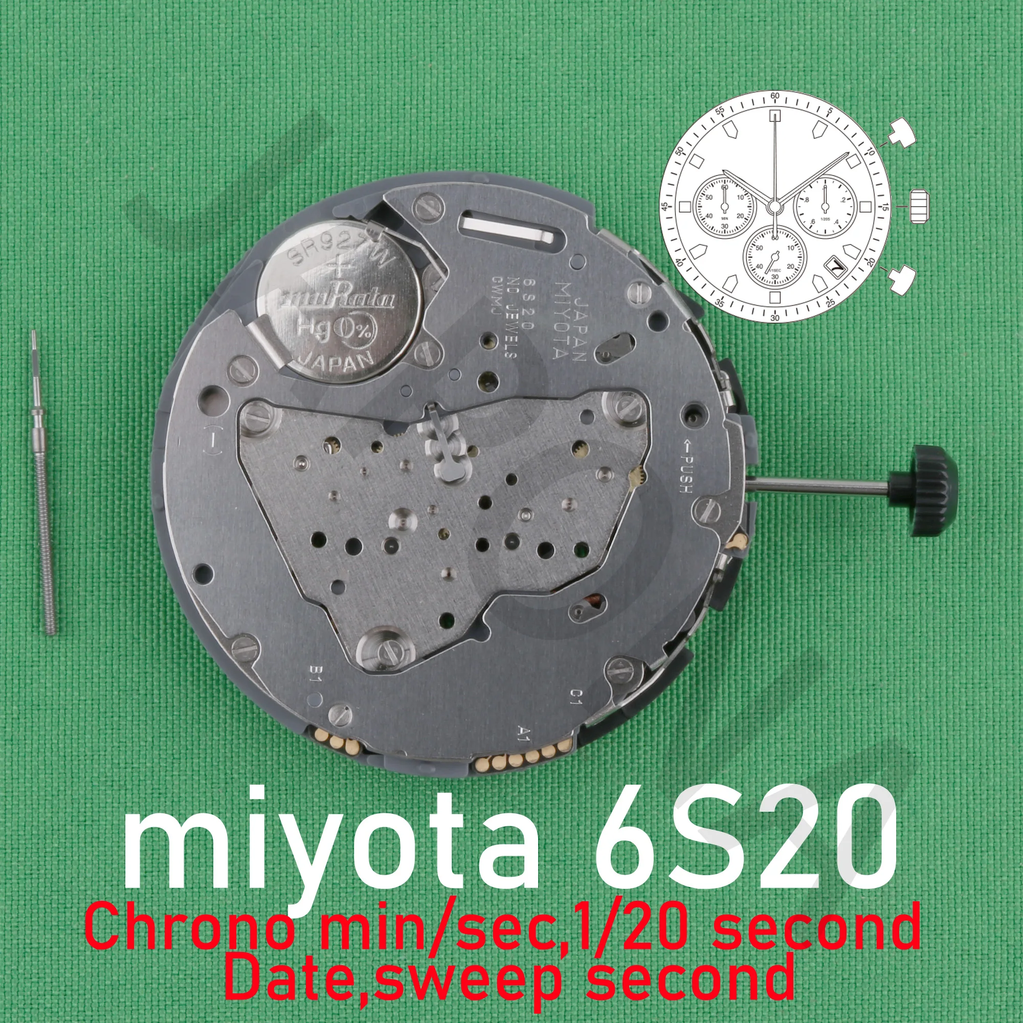 6S20 movement japan miyota 6s20 movement sweep second  Chrono min/sec, 1/20 second Date samll hands 3/6/9 6s2O