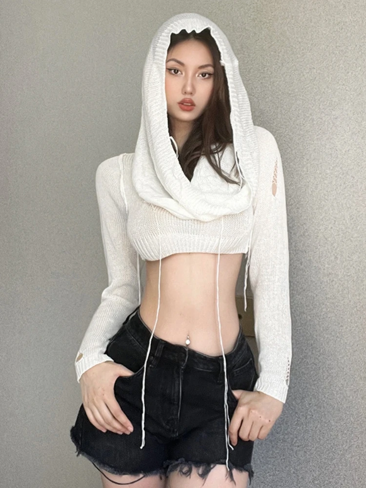 

Hooded T Shirt For Women Grunge Clothes Long Sleeve Y2k Accessories Solid Crop Top Knitted Roupas Femininas Estilosas Ropa Mujer