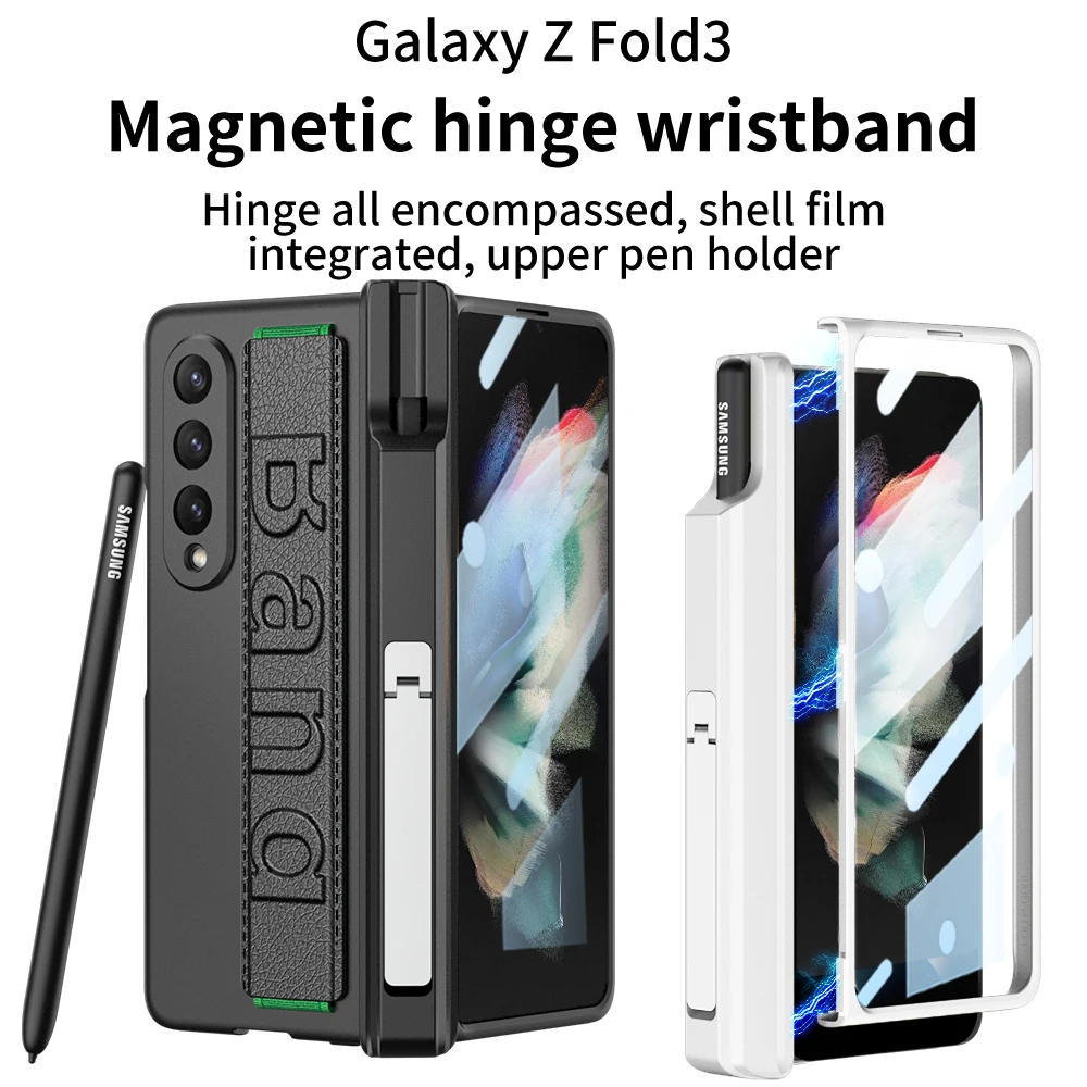 

Magnetic Hinge Pen Solt Cover For Samsung Galaxy Z Fold 3 5G Case Z Fold3 With Elasticity Wrist Strap Hard Screen Protector Case