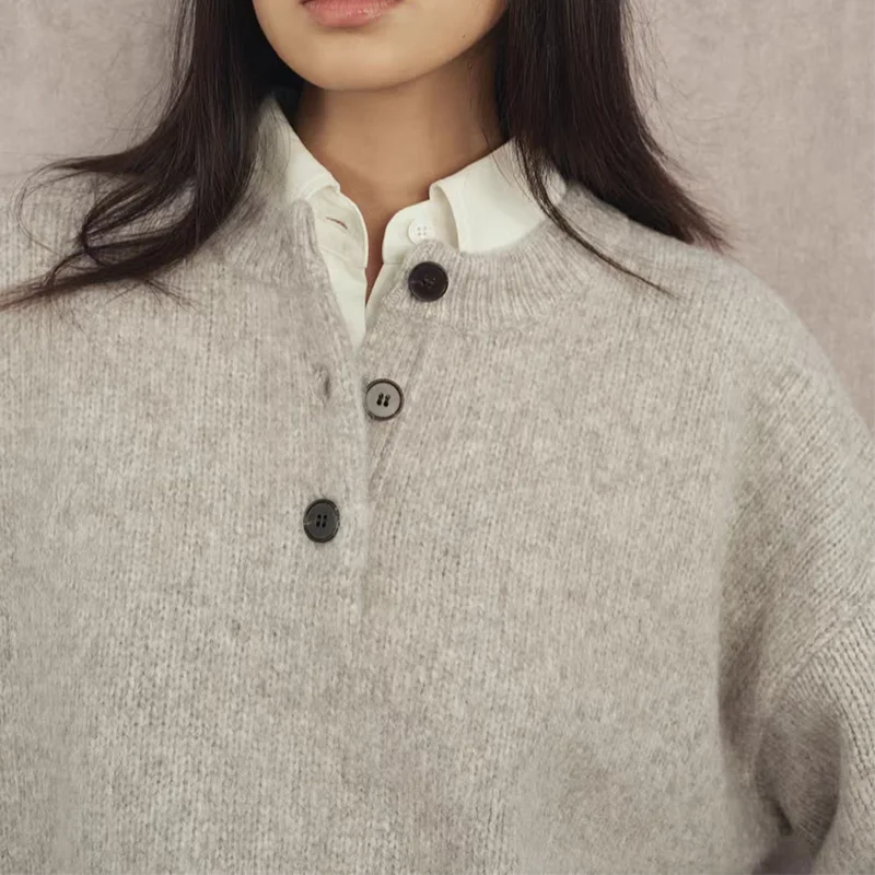 2026 autumn and winter new 100% pure wool simple style lapel cashmere knit women's loose sweater gray top