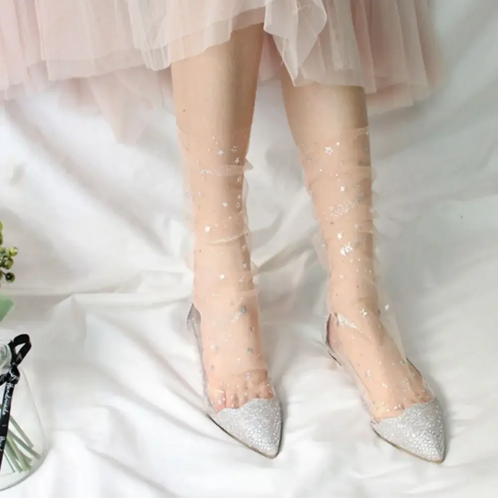 Summer Candy Colors Women Glitter Shiny Stars Ladies Hosiery Transparent Fishnet Socks Women Socks