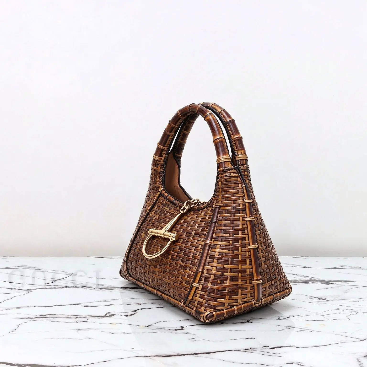 Summer Rattan Woven Top Handle Tote Bag Women Natural Wicker Contrast Weaving Bag Bamboo Handle Large Capacity Daily Handbag