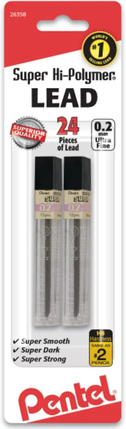 

Super Fine 0.2mm HB Lead Refill, 12ct Tubes in 2-Pack for Precise Writing