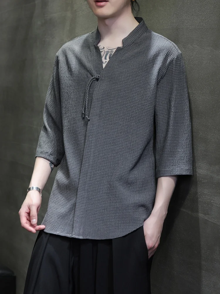 

Мужская рубашка из ледяного шелка с плиссированной текстурой, рукавом три четверти, в новом китайском стиле, свободного кроя, молодежная, летняя, модная