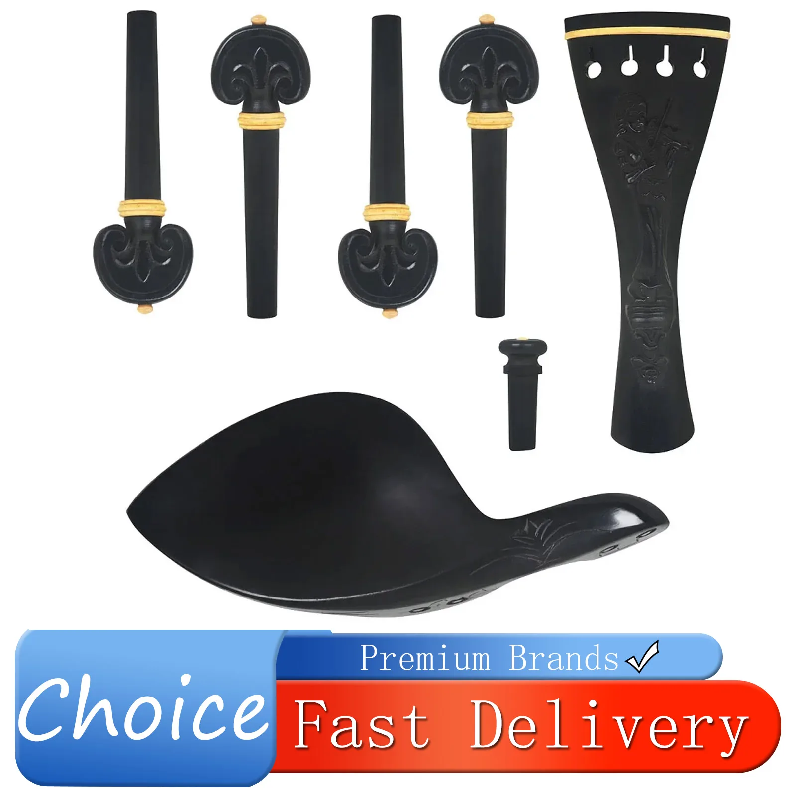 Violin String Plate String Shaft Tailpiece Cheek Rest 4/4-3/4 4-piece Set Ebony Relief Violin Accessories Pluck Instrument Parts