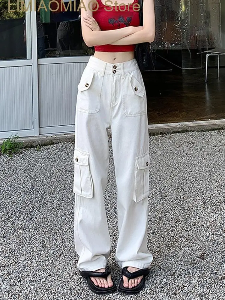 New White Designer Cargo Pants Women Pockets High Street Vintage Trousers Female High Waist Hiphop Fashion Pants Summer