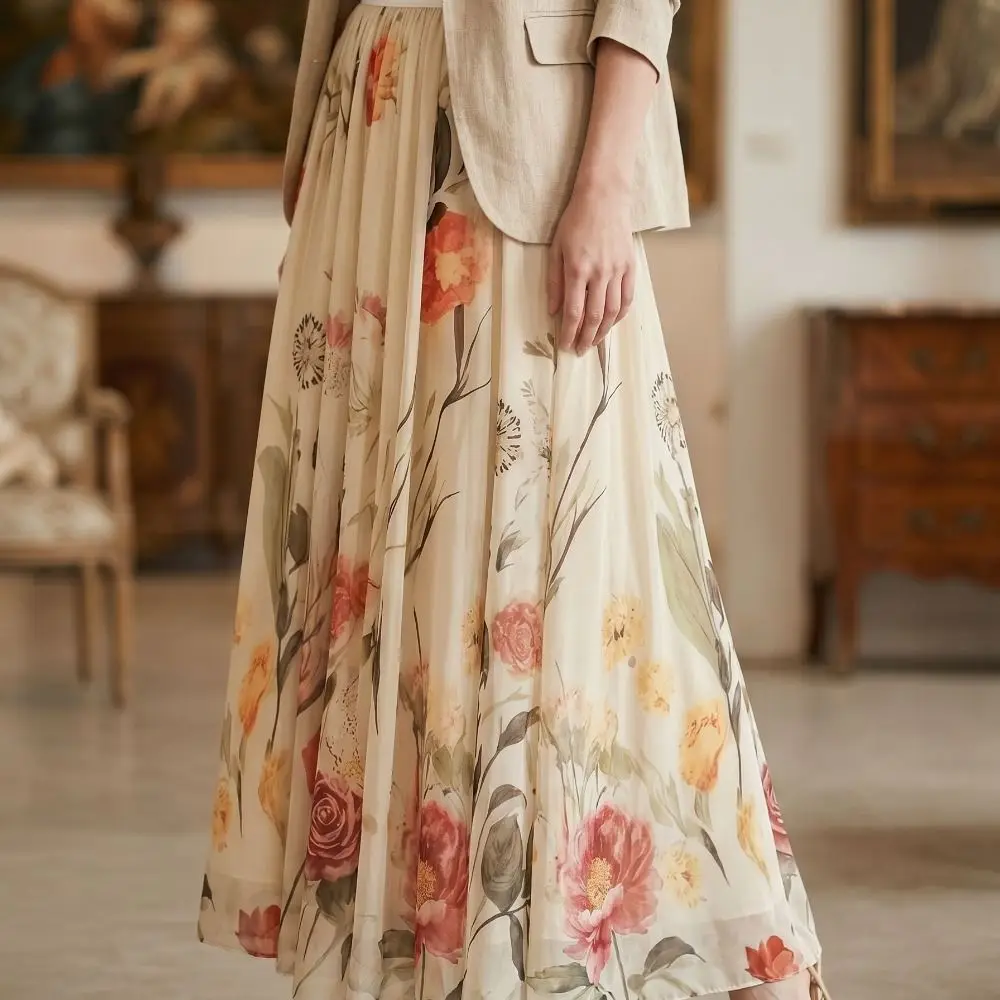 Boho Style Elastic Waist Women Printed A-line Skirt Mesh Overlay Pleated Long Skirt Flower Embroidery High Waist Skirts Travel