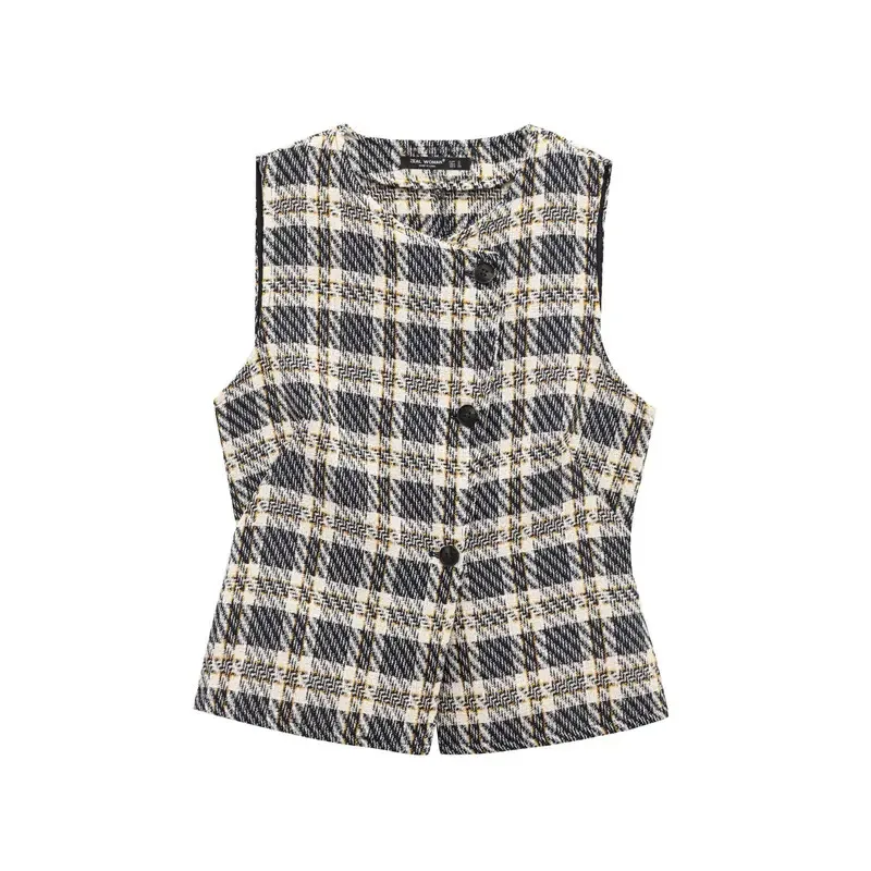 

Retro Casual Women's Plaid Suit round Neck Single-Breasted Vest Pleated Mini Skirt Zipper Fastening Spring Summer Fashion