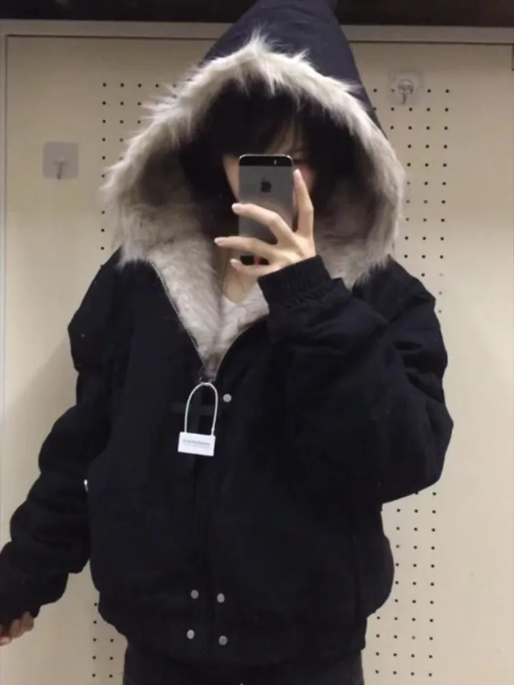Deeptown Liner Fur Y2k Hooded Women Jackets Casual Black Thick Vintage 2000s Punk Cropped Parkas Outerwear Grunge Jackets Gothic