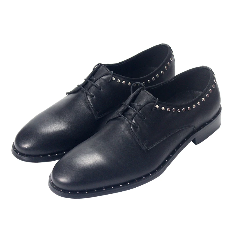 Fashion Metal Studded Edge Formal Oxfords Rounded Toe Lightweight Flat Sole Versatile for Street Office Wear Men Leather Shoes