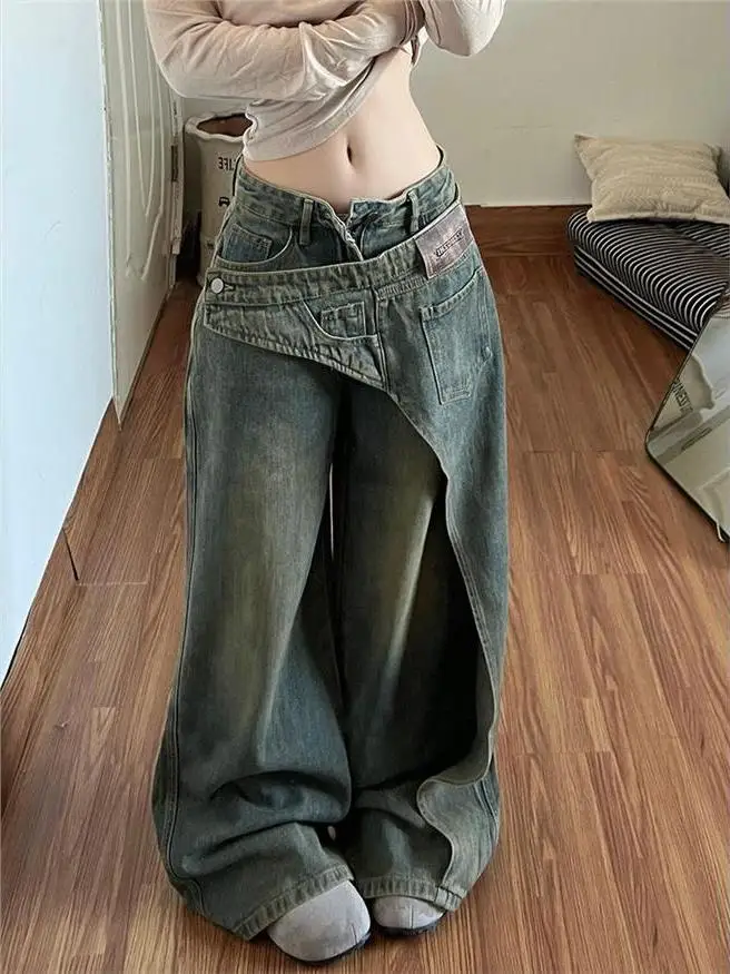 

Женские джинсы в стиле ретро с асимметричным дизайном, высокой талией, эффектом потертости и длиной в пол