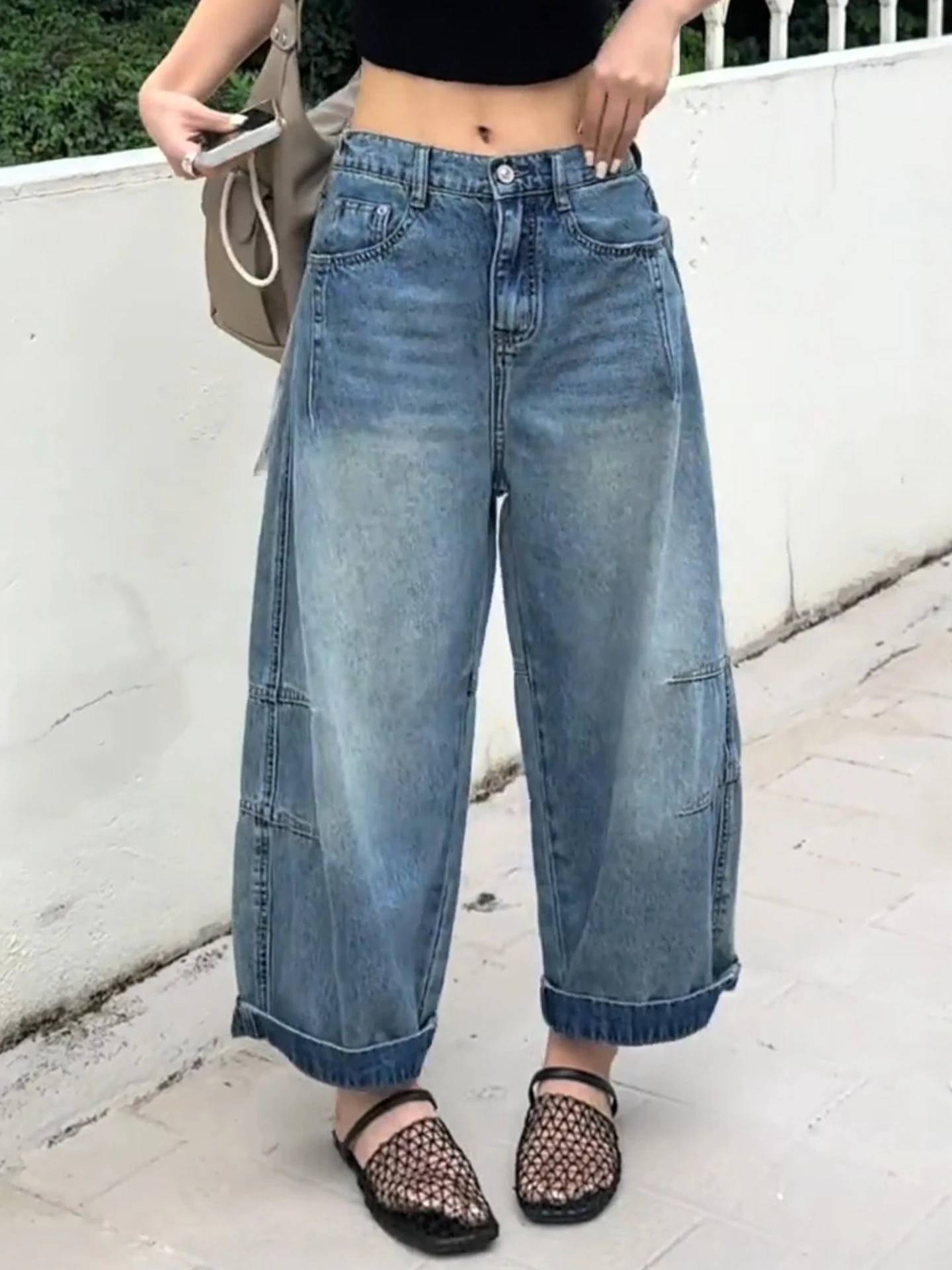 

Slim Wide Leg Denim Jeans Women Summer Thin Retro High Waist Slimming Knife Pants Casual Cotton Polyester Blend Jeans