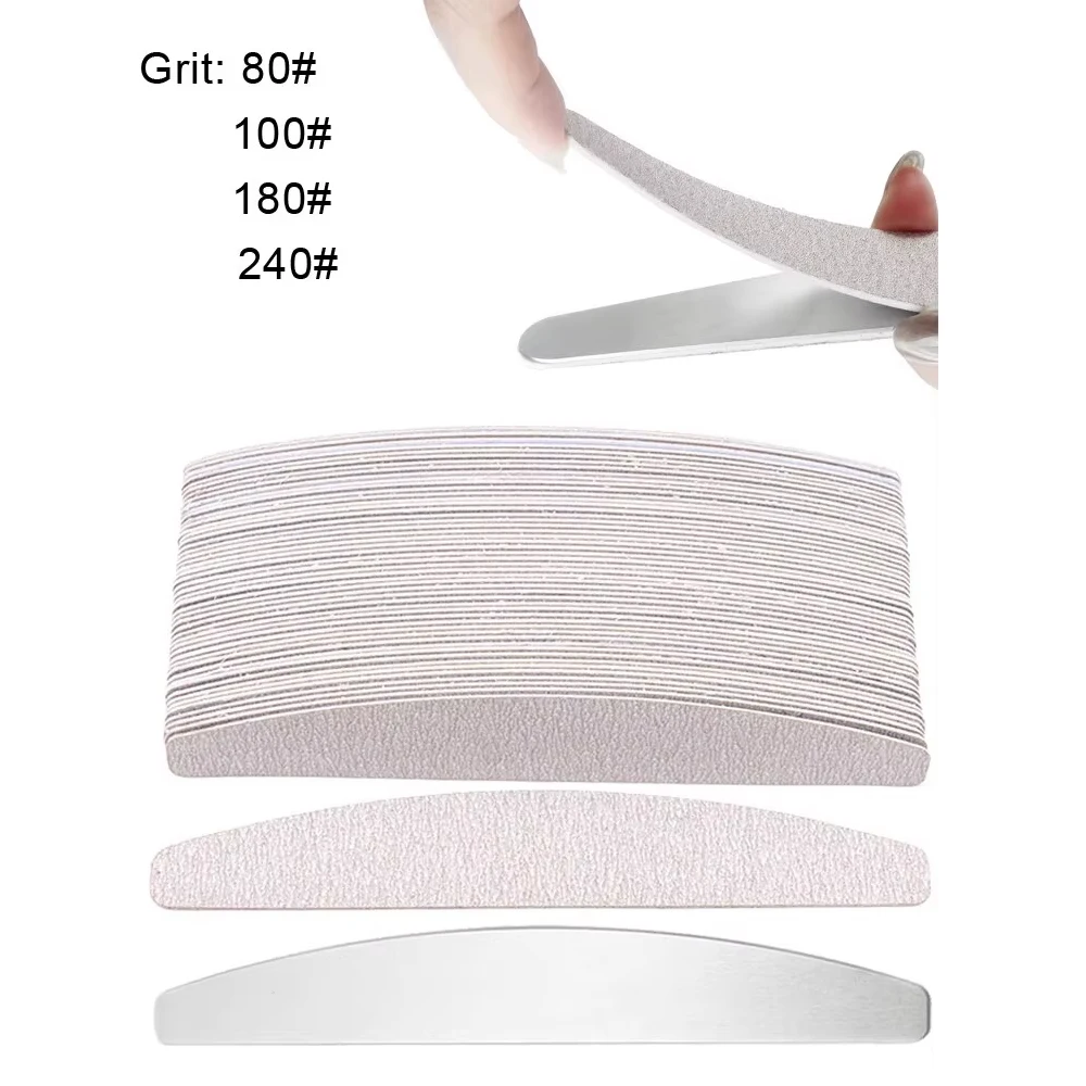 100Pcs Replacement Nail Files Set 80/100/180/240 Grit Half Moon Grey Sandpaper Pads With Metal Handle Removable Durable Files