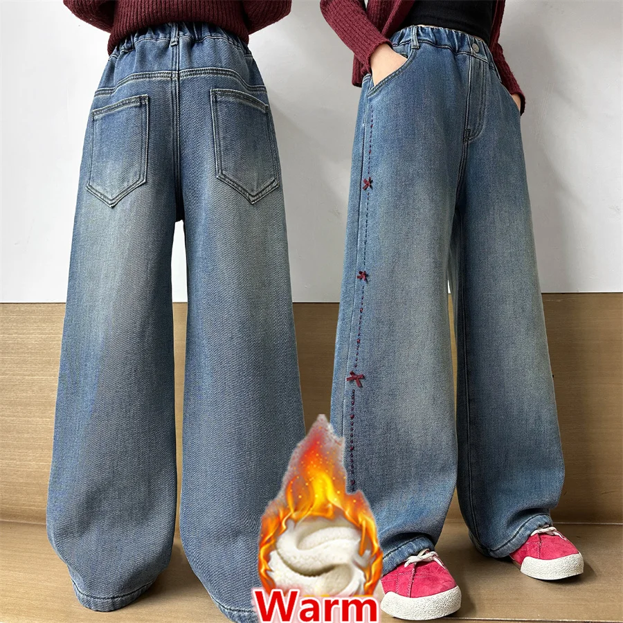 

New Designer Children's Winter Insulated Jeans for Kids Girl Loose Straight Warm Denim Pants with Bow Embroidery 5 6 8 10 12 14Y