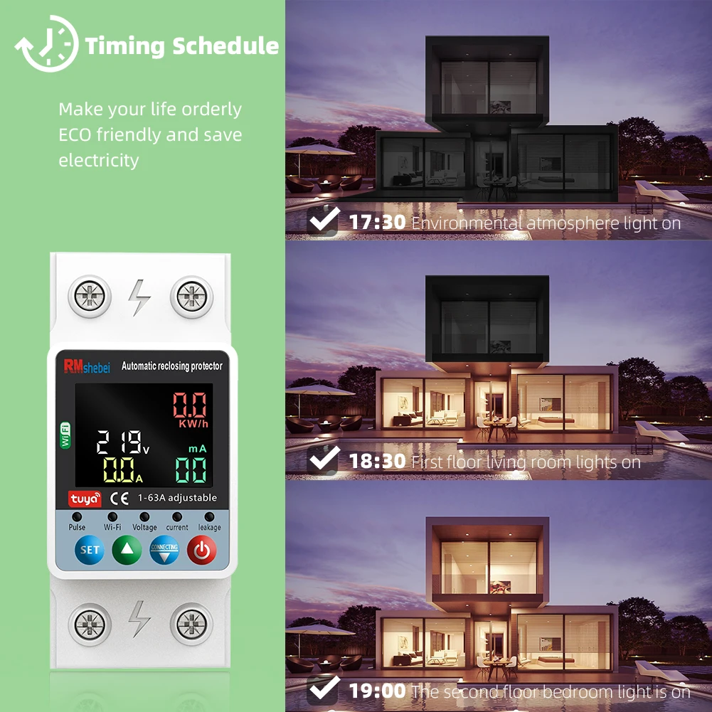 RMshebei 투야 스마트 와이파이 회로 차단기 2P 63A 이중 차단 타이밍 스위치 과전압 저전압 과부하 누전 보호