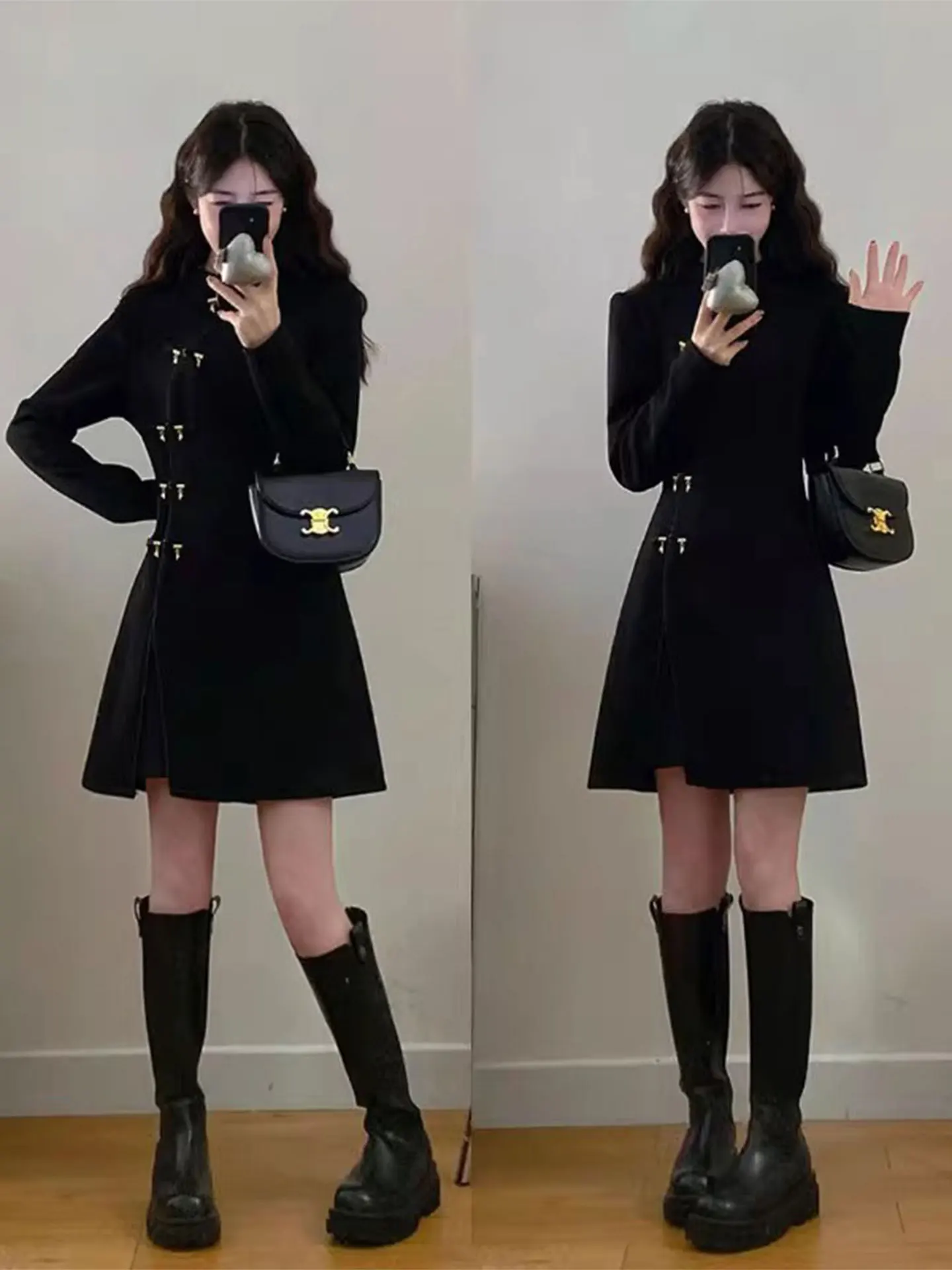 

New Chinese Sle Bla Long Sve ort Dr Hip Concealing High Waist A-Line Women's plus Size Clothing Casual Spring Fas...