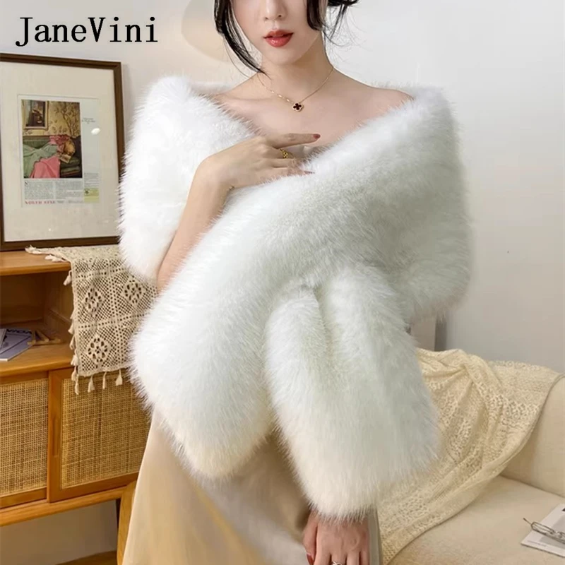 

JaneVini White Faux Fox Fur Bridal Cape Fashion Women Wedding Dress Shawl Evening Wraps Fur Shrugs Stoles Winter Bolero De Novia