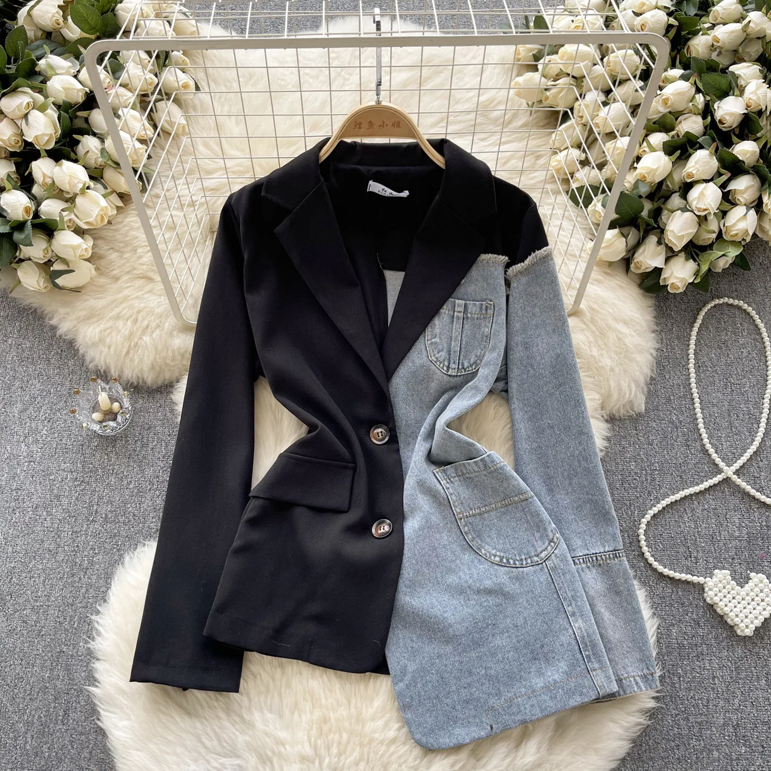 Vintage Patchwork Denim Blazer Women Spring Autumn Notched Long Sleeve Asymmetrical Jacket Office Lady Coat Blazer Mujer