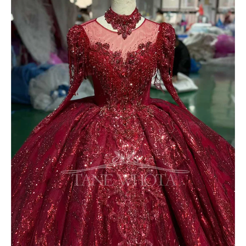 Customizable Red Evening Dress O Neck Detachable Sleeve Lace Up Keyhole Back Crystal Beading Sequined Embroidery