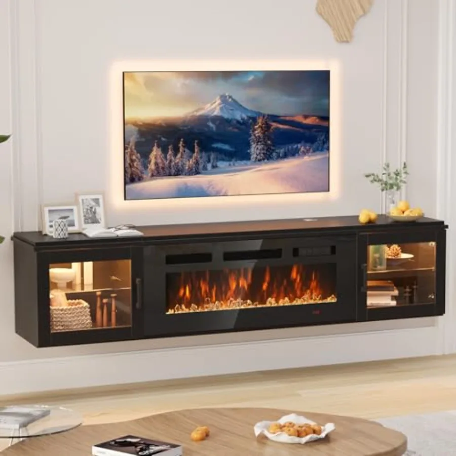 

70" Floating TV Stand with 36" Electric Fireplace, Wall Mounted Fireplace Entertainment Center with Storage for TVs Up to 80",