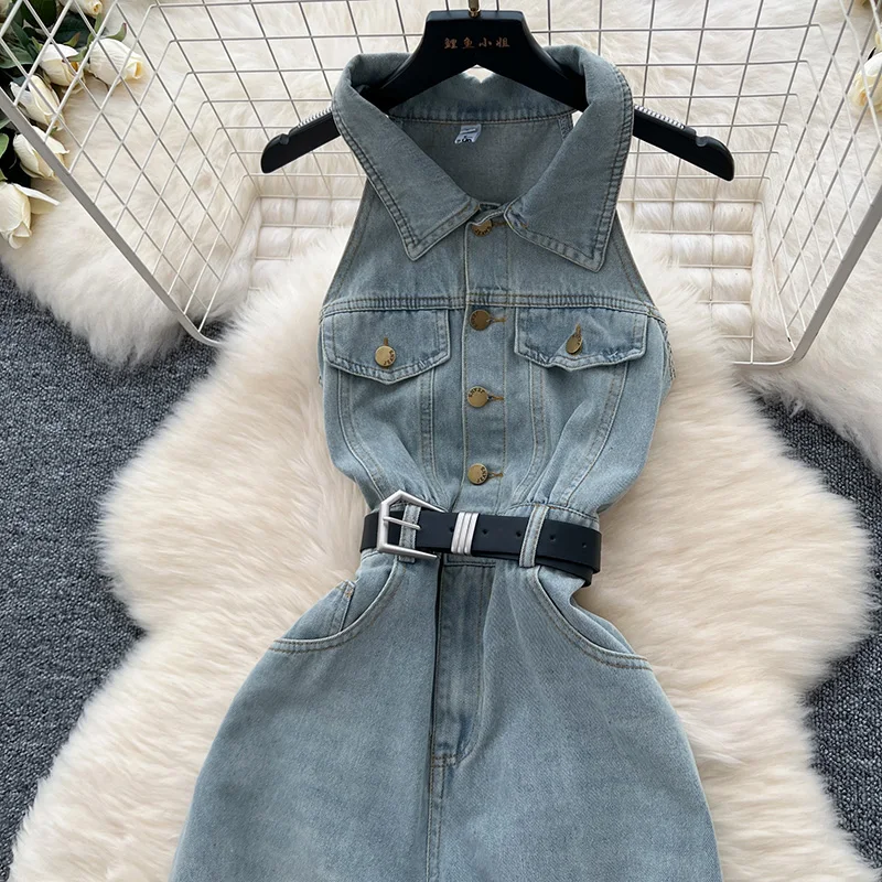 Women Denim Jumpsuit Skinny Single Breasted Casual High-waisted Summer Button Turn-down Collar Wide-leg Jumpsuits Rompers