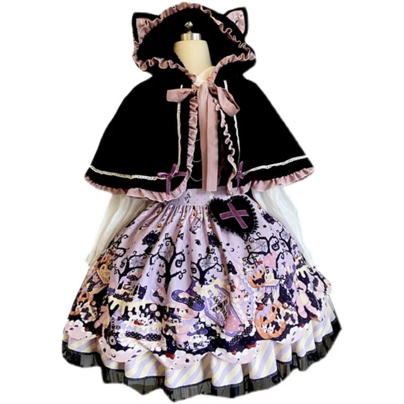 Japanese Lolita Halloween Sweet Girl Cute Kitten Plush Cape Jsk Strap Bowknot Dress Black Sweet Autumn Winter Suit Cosplay  Cos