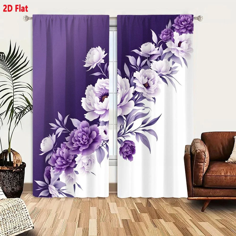 2Pcs Curtains Elegant Purple Floral Arrangement Digital Illustration With Gradient Background Window Drapes for Bedroom Room Dec