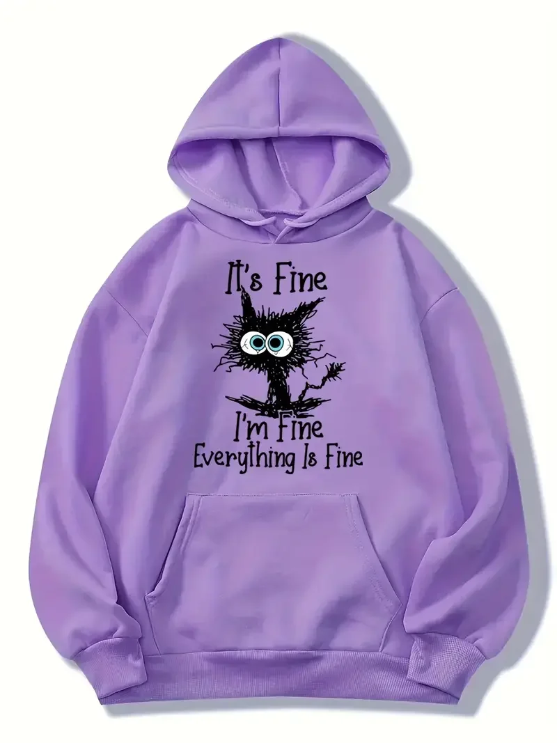 I\'m Fine Everthing Is Fine Letter Printed Women Hoodies Fashion Fleece Hoody Creativity Pullover Street Loose Cotton Sweatshirts