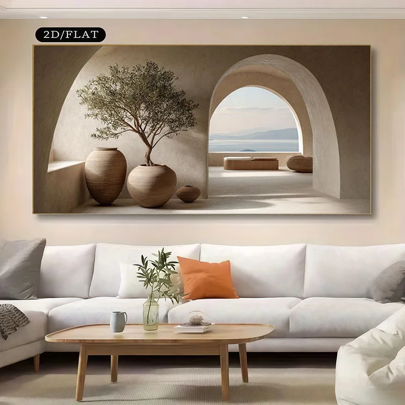 [2D Flat] Modern Minimalist Coastal Tranquil Olive Tree And Sea View Canvas Wall Art Print - Frameless  Wall Decoration Poster,