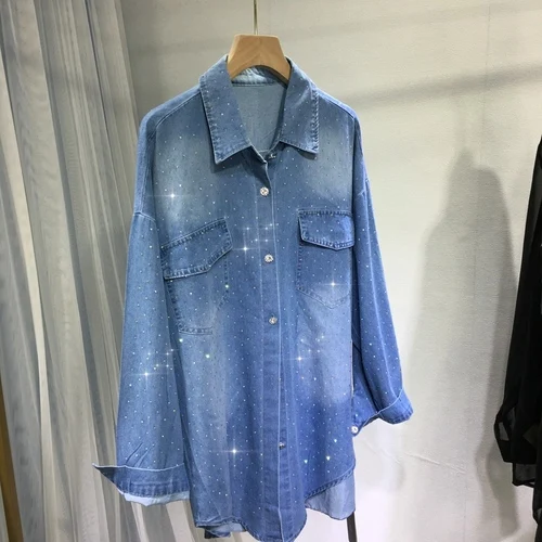 European Heavy Embroidery Hot Drilling Denim Shirt Coat Women's Blue Loose-Fitting Mid-Length Shirts Autumn New Street Tops