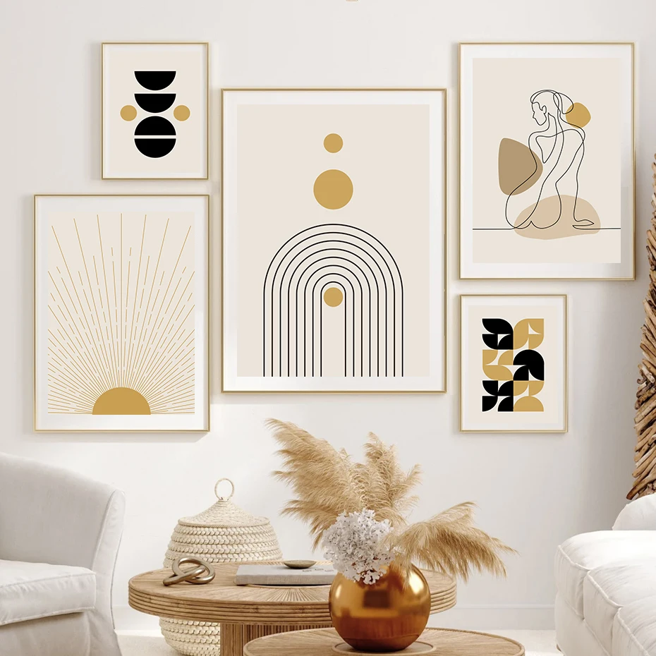 Abstract Geometric Sun Line Beige Boho Posters Canvas Painting Wall Art Print Pictures Living Room Modern Interior Home Decor