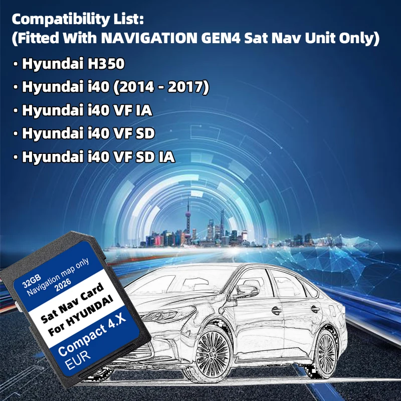 for Hyundai H350 i40 i40VFIA i40VFSD i40VFSDIA Car GEN4 Navigation Compact 4.X System 2026 Maps Europe SD Card GPS 32GB