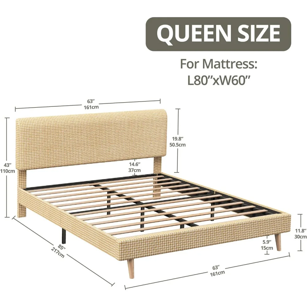 Queen Bed Frame with Headboard, Fully Cotton Upholstered Foundation, Wooden Slats Support, Noise Free, No Box Spring Needed