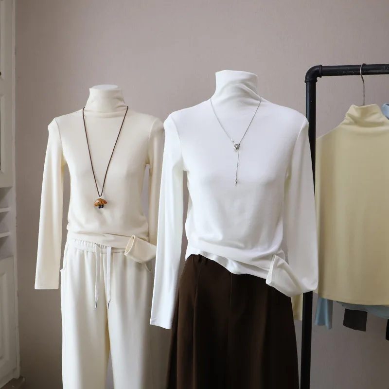 المرأة عالية الياقة Fce اصطف طويل Sve قاعدة irt الأزرق ملابس داخلية تي شيرت لون نقي الدافئة التخسيس الأعلى الكورية Sle #2